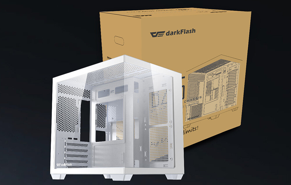Obudowa DARKFLASH B275, M-ATX, ITX, kompaktowa, kompatybilność, Obudowa komputerowa obok swojego pudełka.