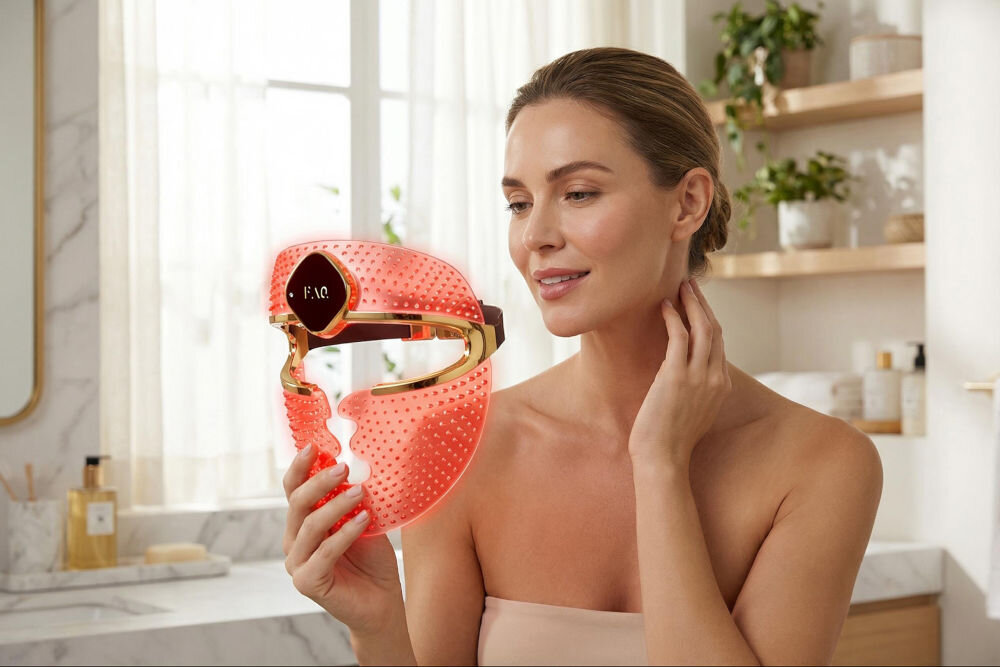Maska LED do twarzy FOREO FAQ 202 Maska LED do twarzy FAQ™ 200 marki FOREO emitująca czerwone światło, trzymana przez kobietę w jasnej łazience.
