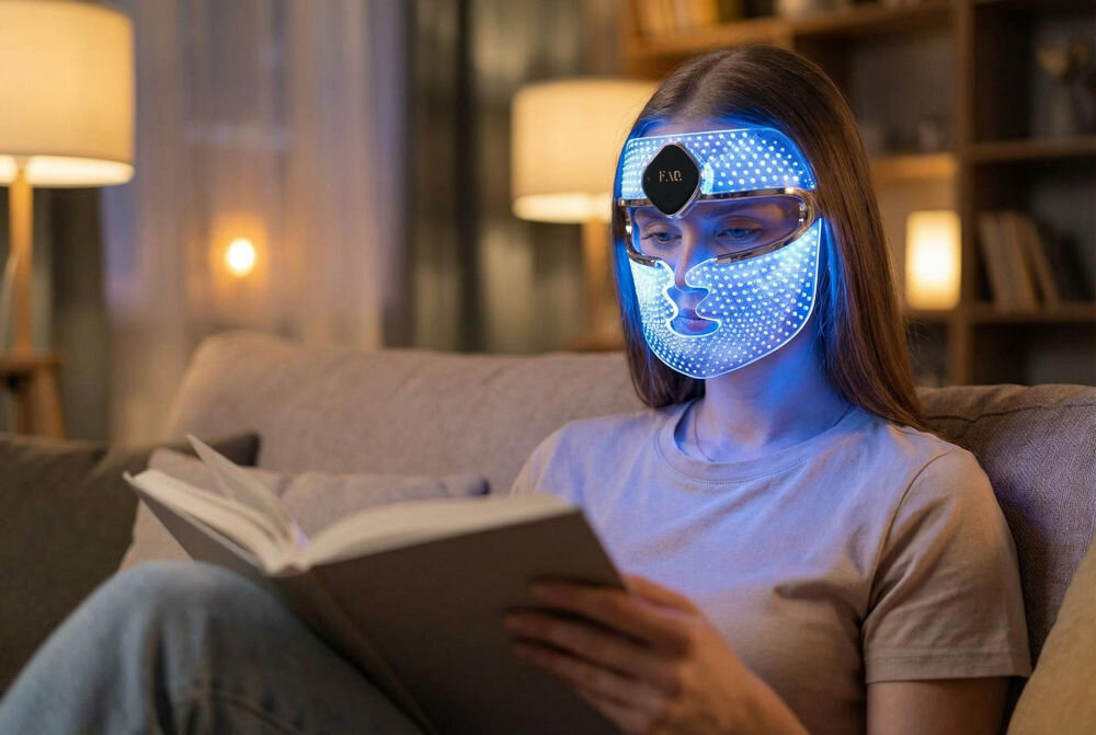 Maska LED do twarzy FOREO FAQ 202 Kobieta czytająca książkę na kanapie w masce LED FAQ™ 200 świecącej na niebiesko.