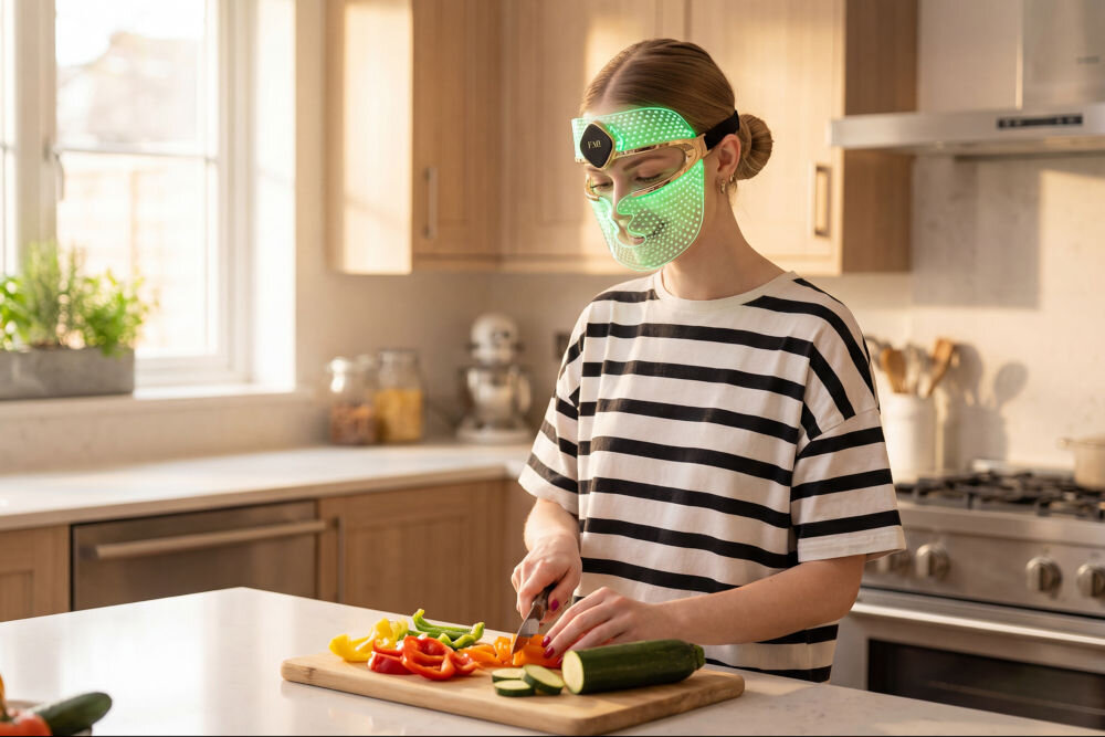 Maska LED do twarzy FOREO FAQ 202 Kobieta krojąca warzywa w kuchni podczas sesji fototerapii z maską LED FAQ™ 200 świecącą na zielono.