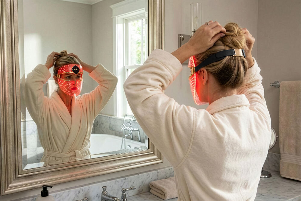 Maska LED do twarzy FOREO FAQ 202 Kobieta w białym szlafroku przed lustrem dopasowująca pasek maski LED FAQ™ 200 świecącej na czerwono.