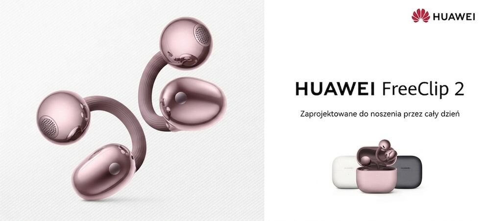 Słuchawki powietrzne HUAWEI FreeClip 2 – Obraz przedstawia słuchawki powietrzne z logo HUAWEI. Obok znajduje się tekst: \'HUAWEI FreeClip 2 Zaprojektowane do noszenia przez cały dzień\'.