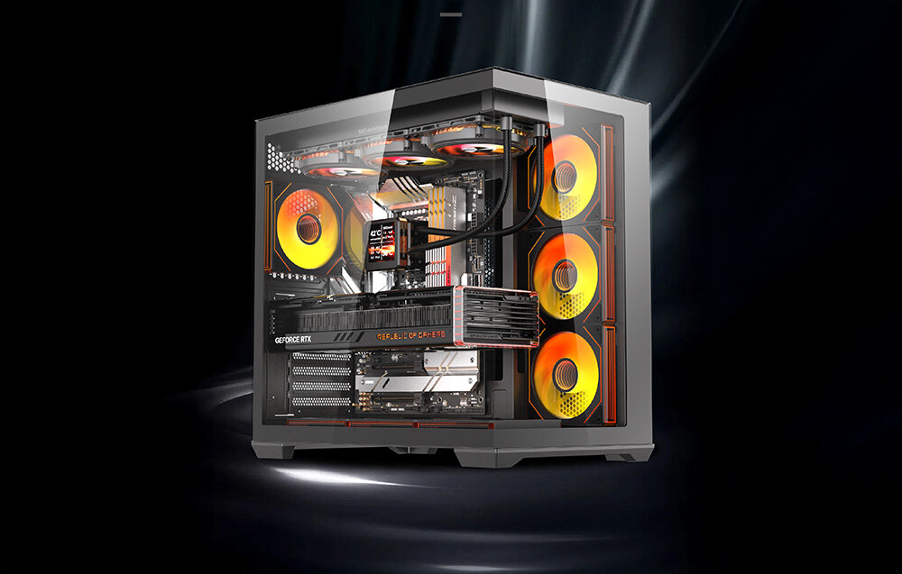 Obudowa DARKLASH C280 Czarny, E-ATX, ATX, M-ATX, ITX, GPU 420 mm, Zmontowany komputer z pomarańczowym podświetleniem.