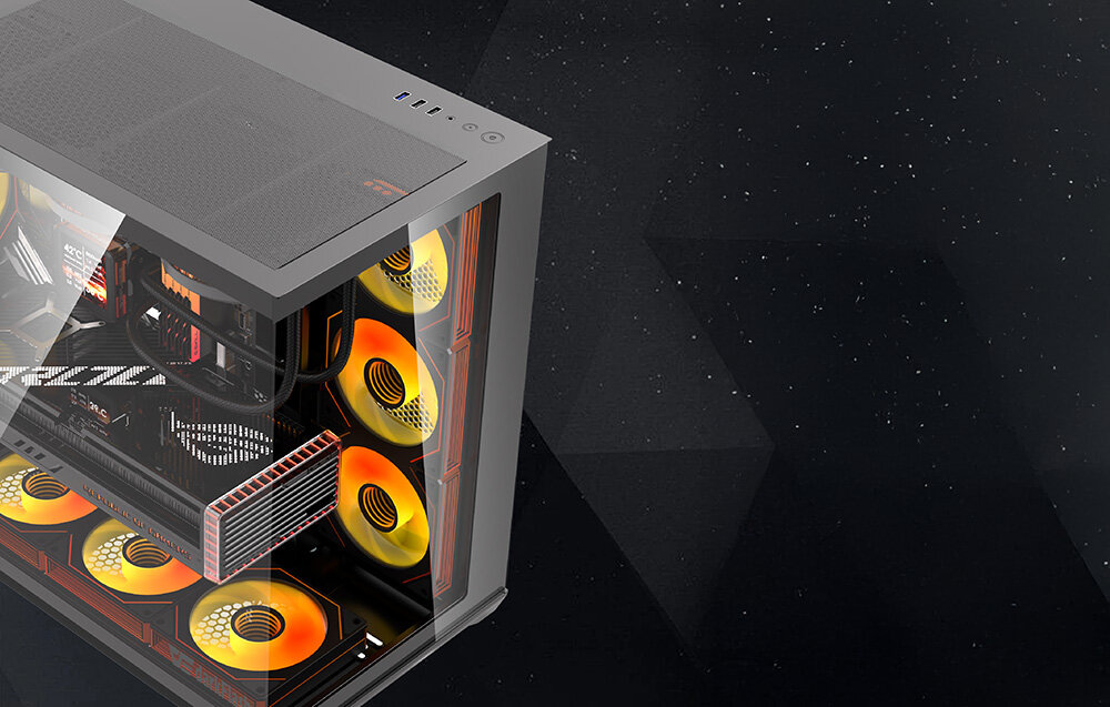 Obudowa DARKLASH C280 Czarny, USB 3.0, USB 2.0, audio, panel, Zmontowany komputer z pomarańczowym podświetleniem.