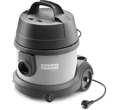 Szary odkurzacz z czarnymi elementami, posiada uchwyt na górze i widoczny kabel z wtyczką. Na obudowie znajduje się napis \'PROFI EUROPE\'.