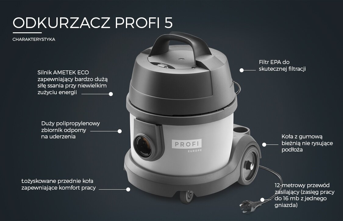 Odkurzacz PROFI 5 w kolorze szarym z widocznymi cechami: silnik AMETEK ECO, duży polipropylenowy zbiornik, filtr EPA, łożyskowane przednie koła, koła z gumową bieżnią oraz 12-metrowy przewód zasilający. Na odkurzaczu znajduje się logo \'PROFI EUROPE\'.