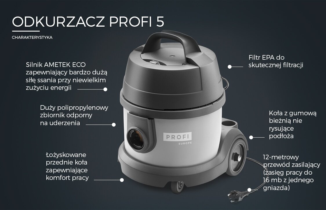 Odkurzacz PROFI 5 w kolorze szarym z widocznymi cechami: silnik AMETEK ECO, duży polipropylenowy zbiornik, łożyskowane przednie koła, filtr EPA, koła z gumową bieżnią oraz 12-metrowy przewód zasilający. Na odkurzaczu widnieje napis \'PROFI EUROPE\'.