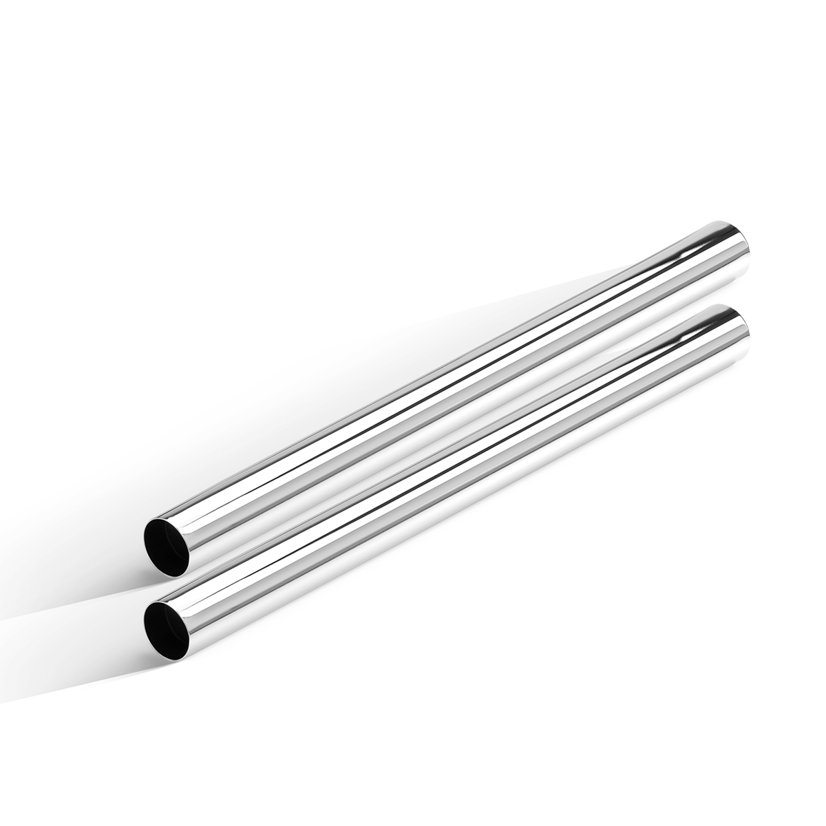 Dwa metalowe, błyszczące rury na czarnym tle.