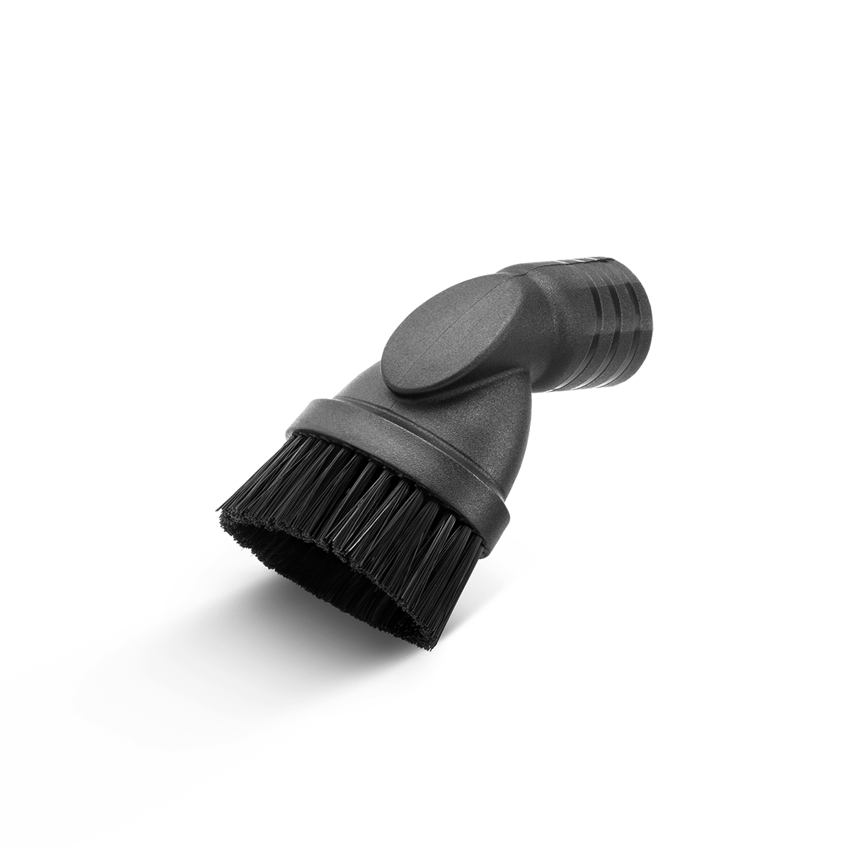Czarna, okrągła szczotka do odkurzacza z włosiem, wykonana z tworzywa sztucznego.