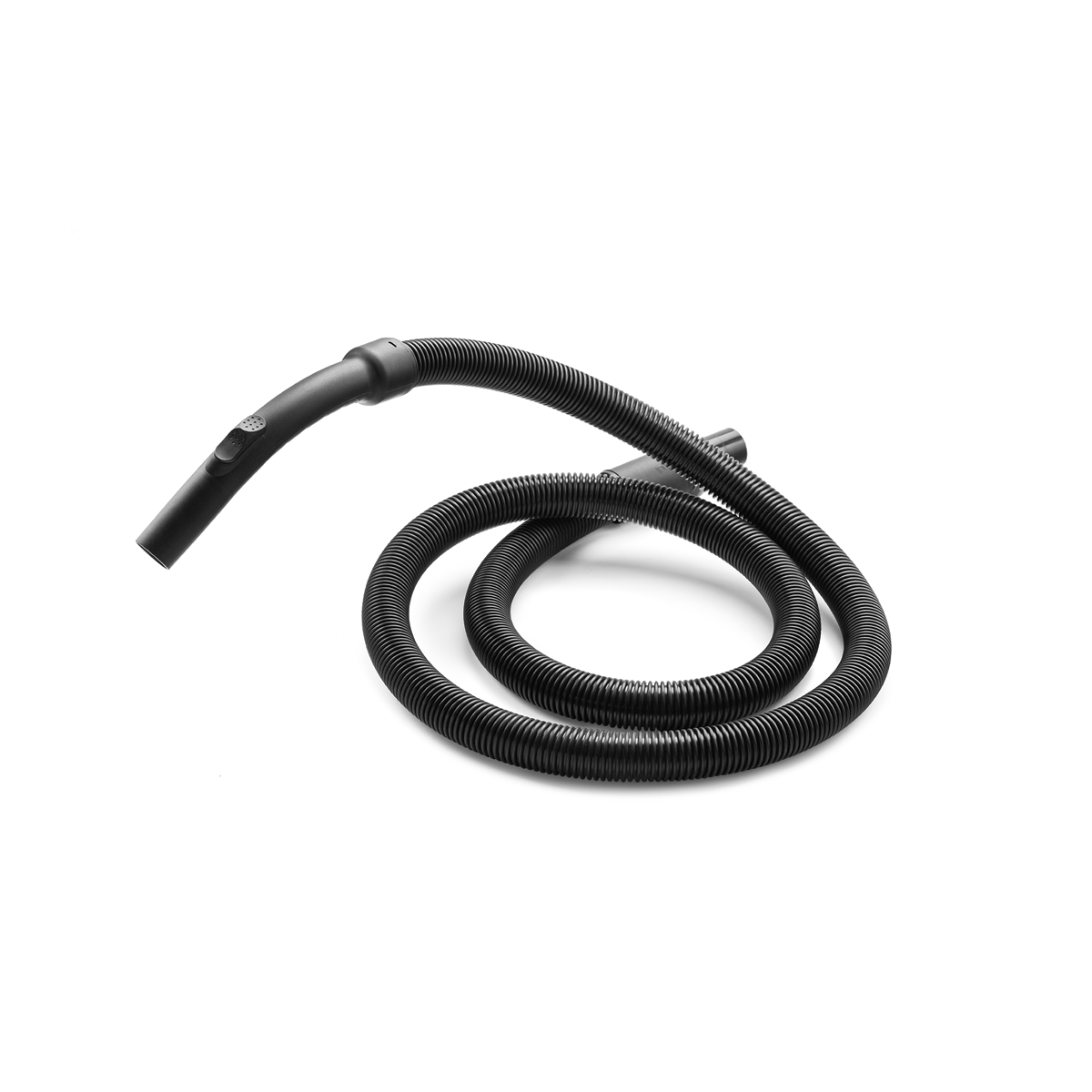 Na obrazie widoczny jest czarny, elastyczny wąż odkurzacza z uchwytem. Wąż jest zwinięty w pętlę na neutralnym tle.