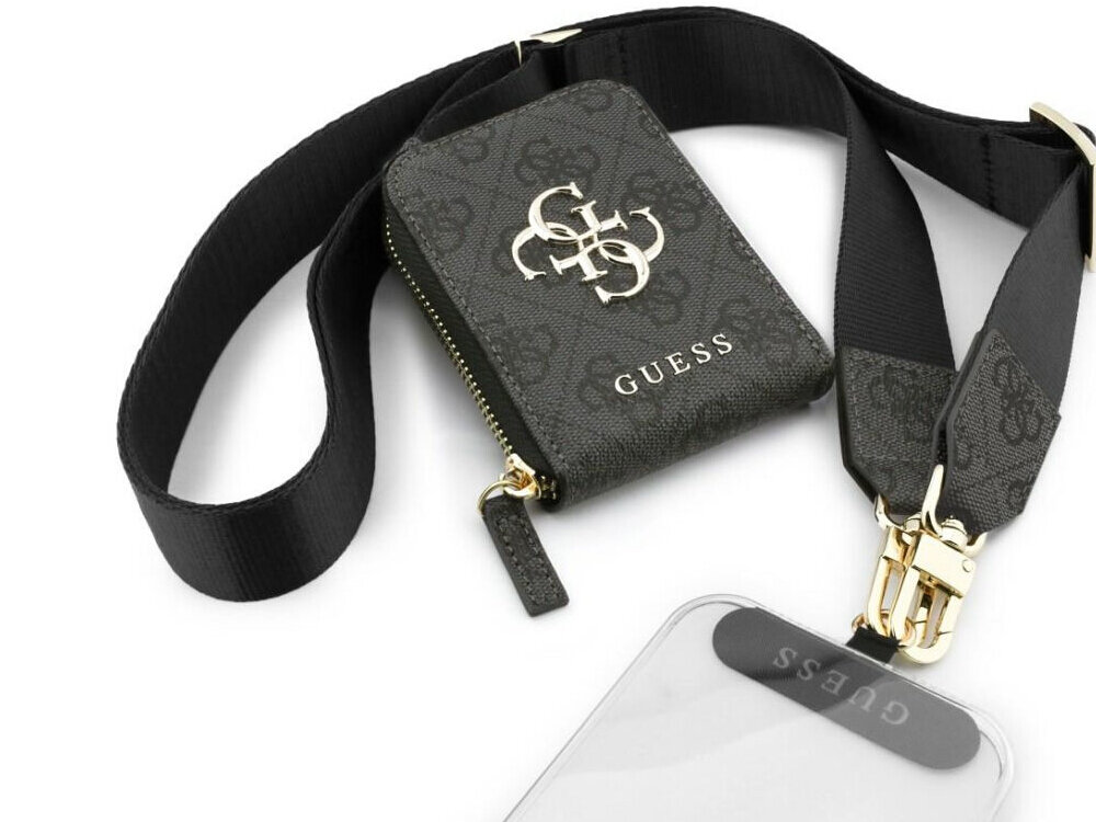 Czarna smycz do telefonu z portfelem ozdobionym metalowym logo \'4G\' i napisem \'GUESS\'. Smycz posiada złote zapięcia i wzór na materiale.