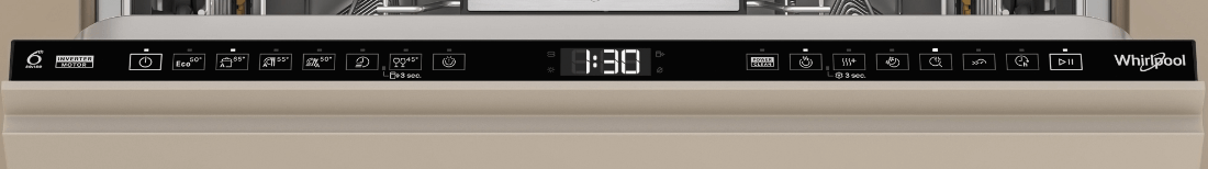 Panel sterowania zmywarki z wyświetlaczem pokazującym 1:30 oraz przyciskami funkcyjnymi. Logo: Whirlpool.