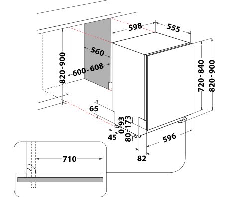Schemat zmywarki z wymiarami 560 i 590-608 mm. Widoczne linie przerywane i strzałki wskazujące wymiary.
