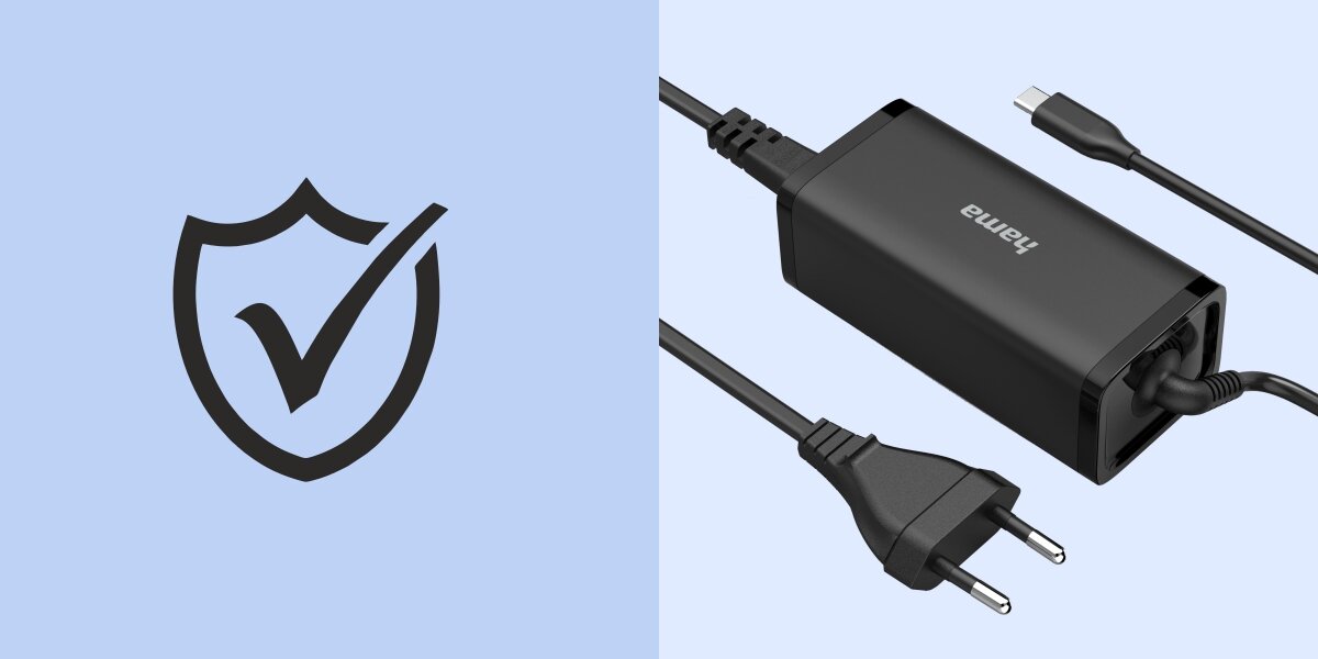Ikona tarczy z haczykiem symbolizująca bezpieczeństwo ładowania (z lewej) oraz ładowarka Hama USB-C z wtyczką europejską (z prawej).