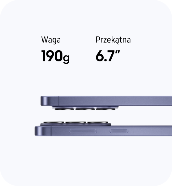 Przedstawienie cech fizycznych telefonów takich jak 190 g wagi oraz przekątna ekranu 6,7 Dwa smartfony ułożone jeden na drugim, widoczne z boku. Tekst na zdjęciu: \'Waga 190g Przekątna 6.7\