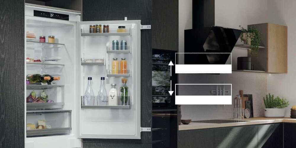 LODÓWKA HAIER HQE1855BCMW lifestyle wizualizacja grafika ikona regulacja zmiana wysokości kuchnia zabudowa chłodziarka otwarta balkoniki półki szuflady Balkoniki na drzwiach chłodziarki Dodatkowe miejsce Wygodne stabilne łatwy szybki dostęp butelki napoje