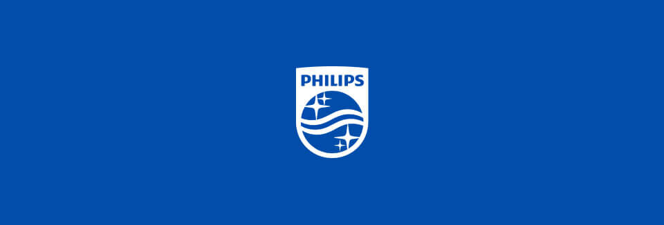 Logo PHILIPS na niebieskim tle, przedstawiające białą tarczę z falistymi liniami i gwiazdami.