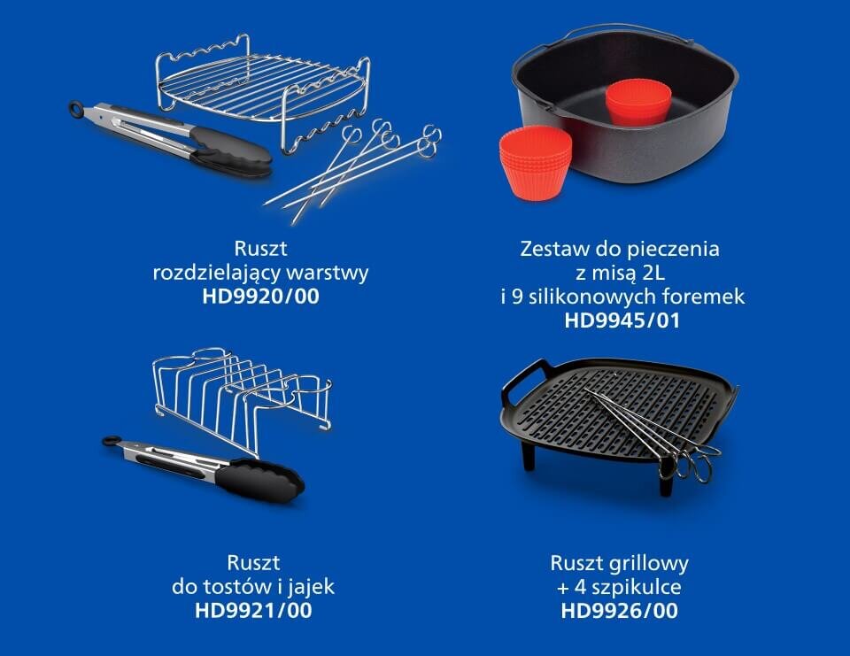 Obraz przedstawia cztery zestawy akcesoriów kuchennych na niebieskim tle. Widoczne są: ruszt rozdzielający warstwy HD9920/00, zestaw do pieczenia z misą 2L i 9 silikonowych foremek HD9945/01, ruszt do tostów i jajek HD9921/00 oraz ruszt grillowy z 4 szpikulcami HD9926/00.