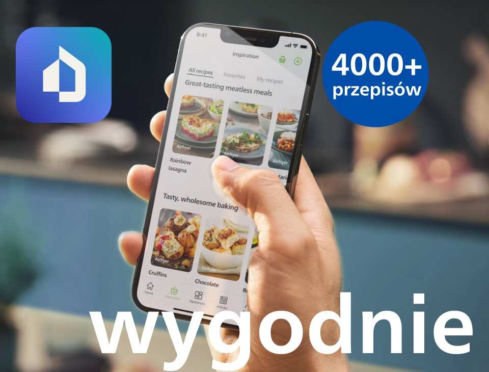 Osoba trzyma smartfon z aplikacją kulinarną wyświetlającą przepisy, obok widoczne jest niebieskie logo z białym symbolem. Na obrazie znajduje się napis \'4000+ przepisów\' oraz \'wygodnie\'.