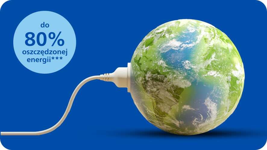 Obraz przedstawia kulę ziemską z wtyczką elektryczną na niebieskim tle. Po lewej stronie widnieje napis: \'do 80% oszczędzonej energii***\'.