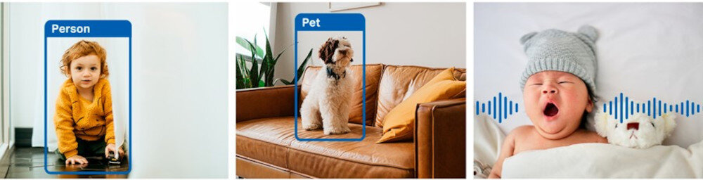 Trzy zdjęcia przedstawiają: dziecko w pomarańczowym ubraniu z napisem \'Person\', psa na kanapie z napisem \'Pet\' oraz niemowlę w czapce obok pluszowego misia z falami dźwiękowymi w tle.