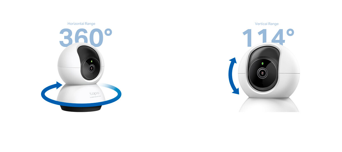 Dwa obrazy przedstawiają białą, obrotową kamerę z czarnym panelem przednim. Na pierwszym obrazie widoczny jest napis \'Horizontal Range 360°\', a na drugim \'Vertical Range 114°\'.