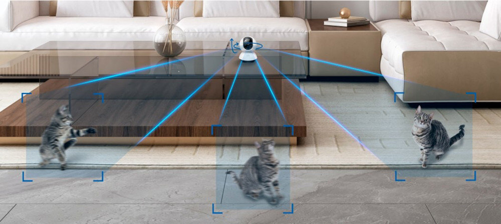 W salonie na stoliku znajduje się kamera, która śledzi ruchy trzech kotów. Kamera emituje niebieskie linie wskazujące kierunek obserwacji.