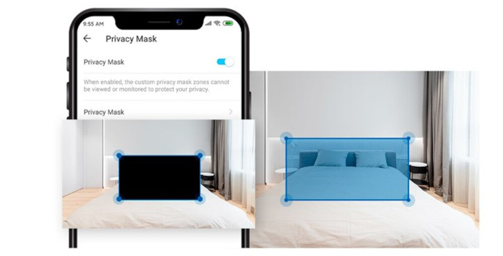 Obraz przedstawia ekran smartfona z włączoną funkcją \'Privacy Mask\', która pokazuje czarny prostokąt na zdjęciu sypialni. Obok znajduje się większe zdjęcie tego samego pokoju z niebieskim prostokątem zaznaczającym obszar maskowania prywatności.