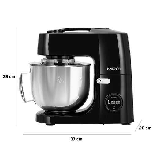 Czarny robot kuchenny z metalową misą o pojemności 5 litrów, z widocznym logo MPM i wyświetlaczem cyfrowym pokazującym \'88:88\'.