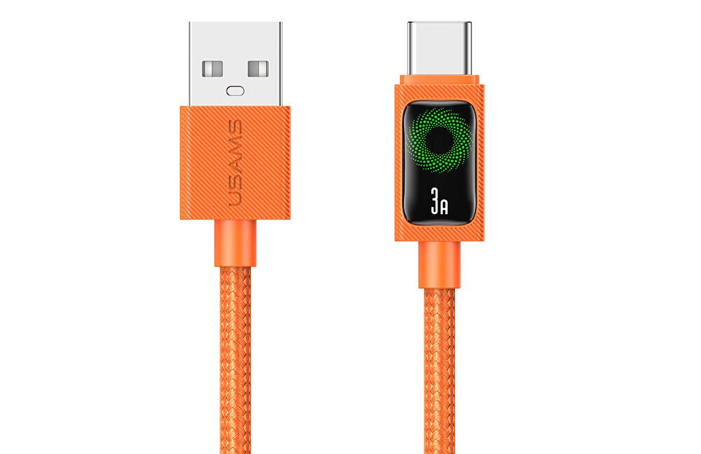 Pomarańczowy kabel USB-C - USB-A z plecionym oplotem, na końcówce USB-A widoczne jest logo \'USAMS\', a na końcówce USB-C napis \'3A\' z zielonym wzorem.