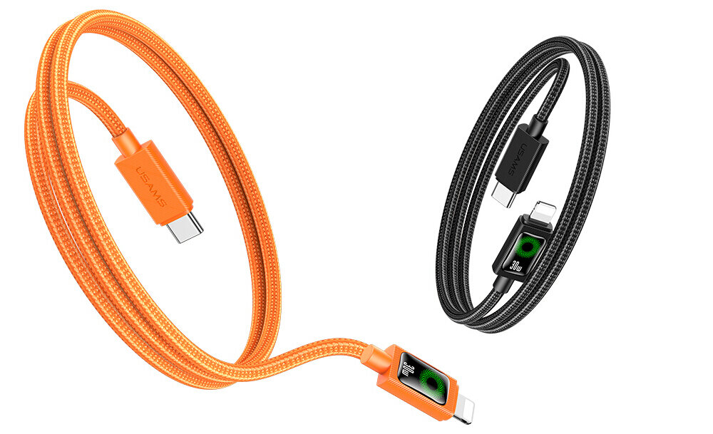 Na obrazie widoczne są dwa kable USB-C - Lightning w oplocie, jeden pomarańczowy z napisem \'USAMS\', drugi czarny. Oba kable mają wyświetlacze pokazujące ikonę baterii.