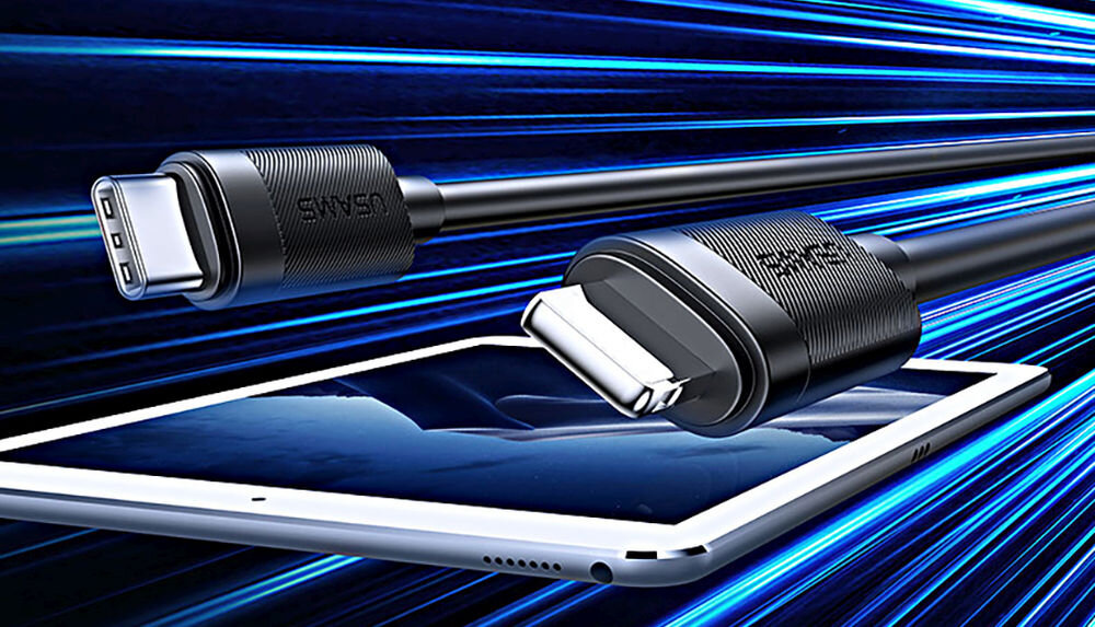 Kabel USB-C - Lightning USAMS U94 30W 1 m Czarny, usams u94 lightning usb a 1m 12w kabel czarny iphone szybkie ladowanie, Dwie wtyczki kabla USB-C nad ekranem tabletu.