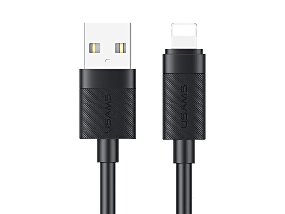 Na obrazie widoczny jest czarny kabel z dwoma końcówkami: USB-A i Lightning. Na obu końcówkach znajduje się napis \'USAMS\'.