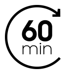 Czarny symbol z napisem \'60 min\' otoczony strzałką wskazującą zgodnie z ruchem wskazówek zegara.