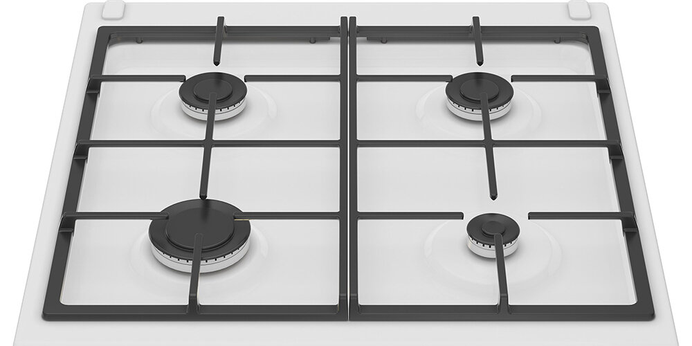 KUCHNIA BEKO FBM62330GWDTN wizualizacja ruszt palniki płyta od góry żeliwne ruszty stabilizacja naczyń trwałość wytrzymałość