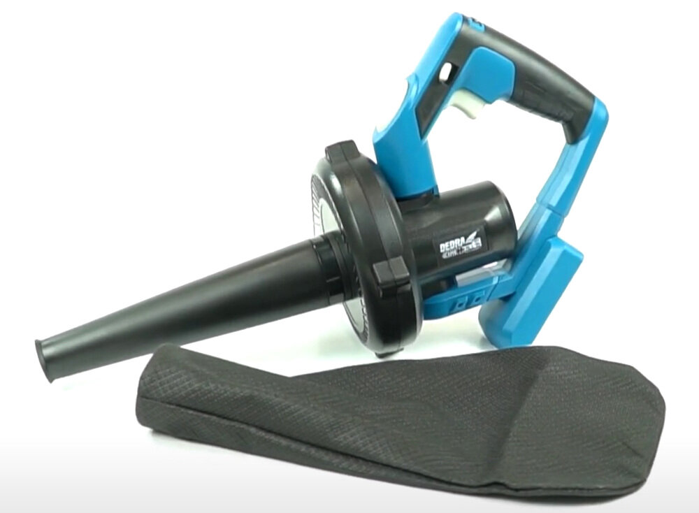 Odkurzacz do liści DEDRA DED7072 akumulatorowy materiałowy worek zamykany na zamek błyskawiczny konstrukcja z nylonu z domieszką włókna szklanego odporność na uszkodzenia mechaniczne i promieniowanie UV