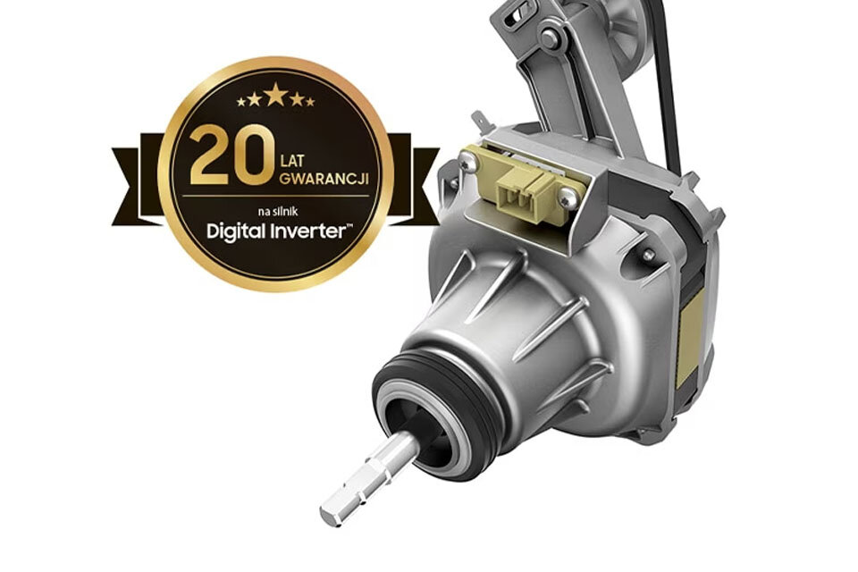 Zdjęcie przedstawia suszarkę Samsung Bespoke AI 9kg DV90DB7845GWU4 z silnikiem Digital Inverter, który zapewnia niezawodność i cichą pracę przez 20 lat.