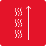 Czerwona ikona z białymi falistymi liniami po lewej stronie i strzałką skierowaną w górę po prawej stronie.