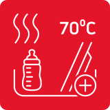 Czerwony kwadrat z białymi ikonami przedstawiającymi butelkę, parę oraz talerze z symbolem plusa. Widoczny jest tekst \'70°C\'.