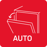 Czerwony kwadrat z białym symbolem dwóch talerzy i napisem \'AUTO\'.