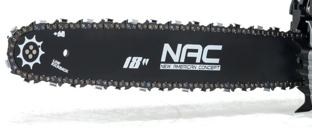 Czarna prowadnica piły łańcuchowej z widocznym napisem \'NAC NEW AMERICAN CONCEPT 18\