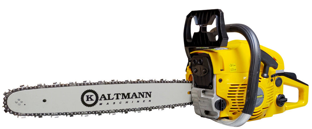Żółta piła spalinowa z widocznym logo \'KALTMANN MASCHINEN\' na prowadnicy. Piła posiada czarny uchwyt i metalowe elementy mechanizmu.