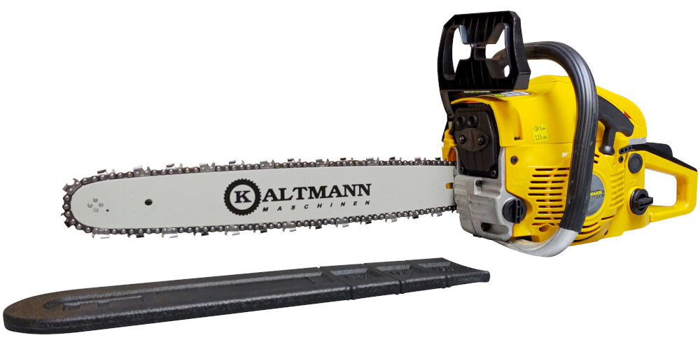 Na zdjęciu znajduje się żółta piła spalinowa z widocznym logo \'KALTMANN MASCHINEN\' na prowadnicy. Obok piły leży czarna osłona na prowadnicę.