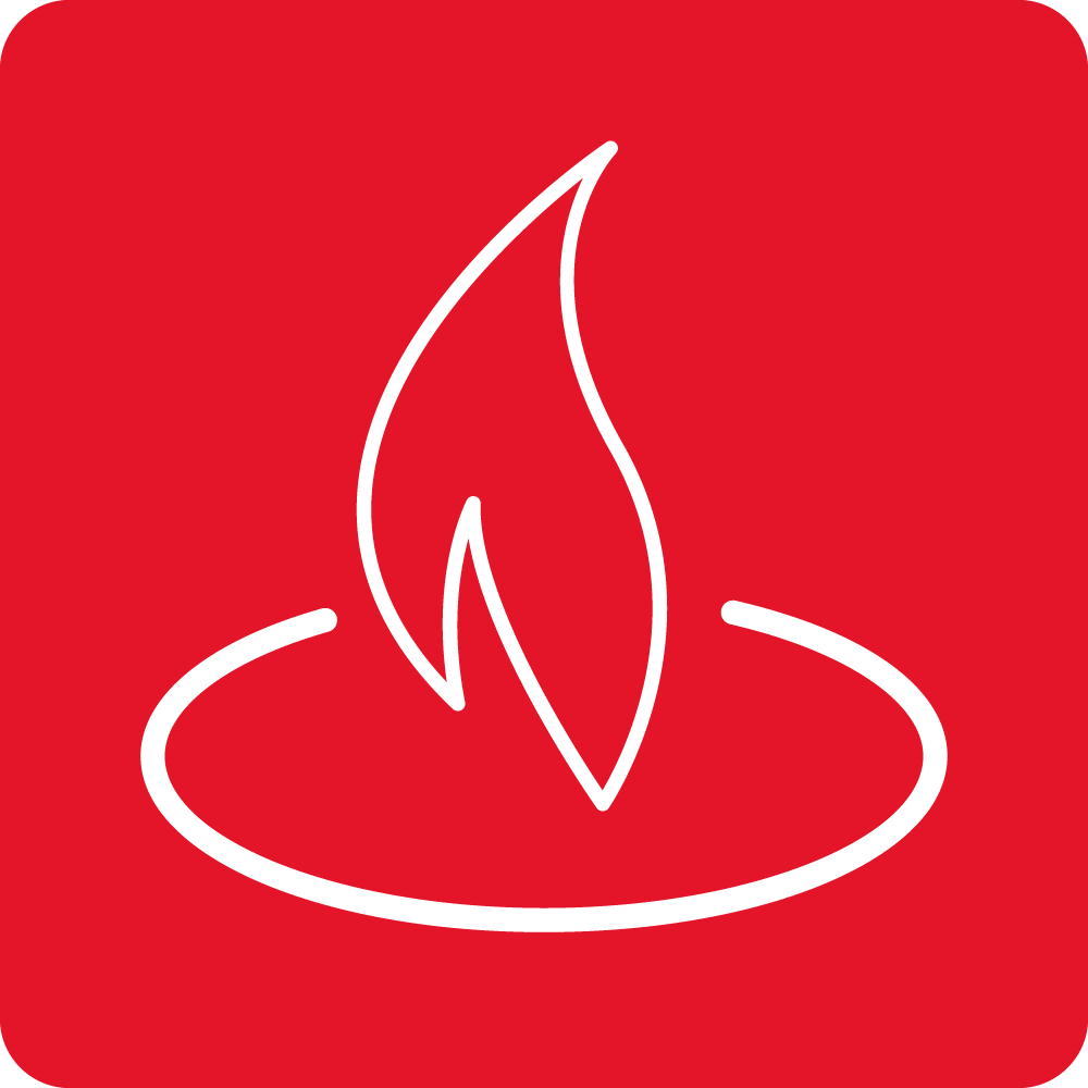 Czerwony kwadratowy znak z białym symbolem płomienia otoczonego okręgiem.