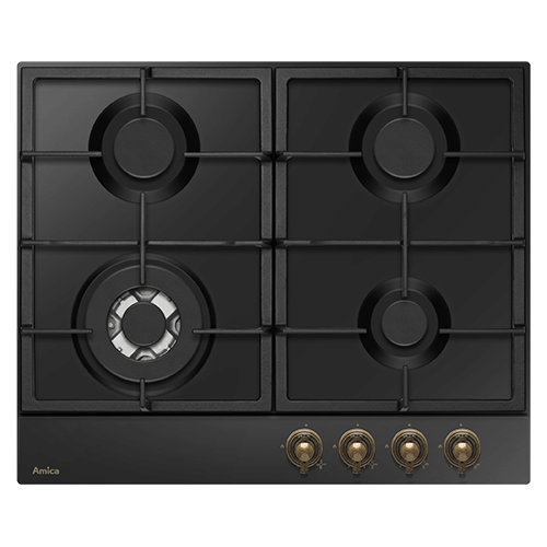 Czarna płyta gazowa z czterema palnikami i metalowymi pokrętłami w dolnej części. Widoczne logo: Amica.