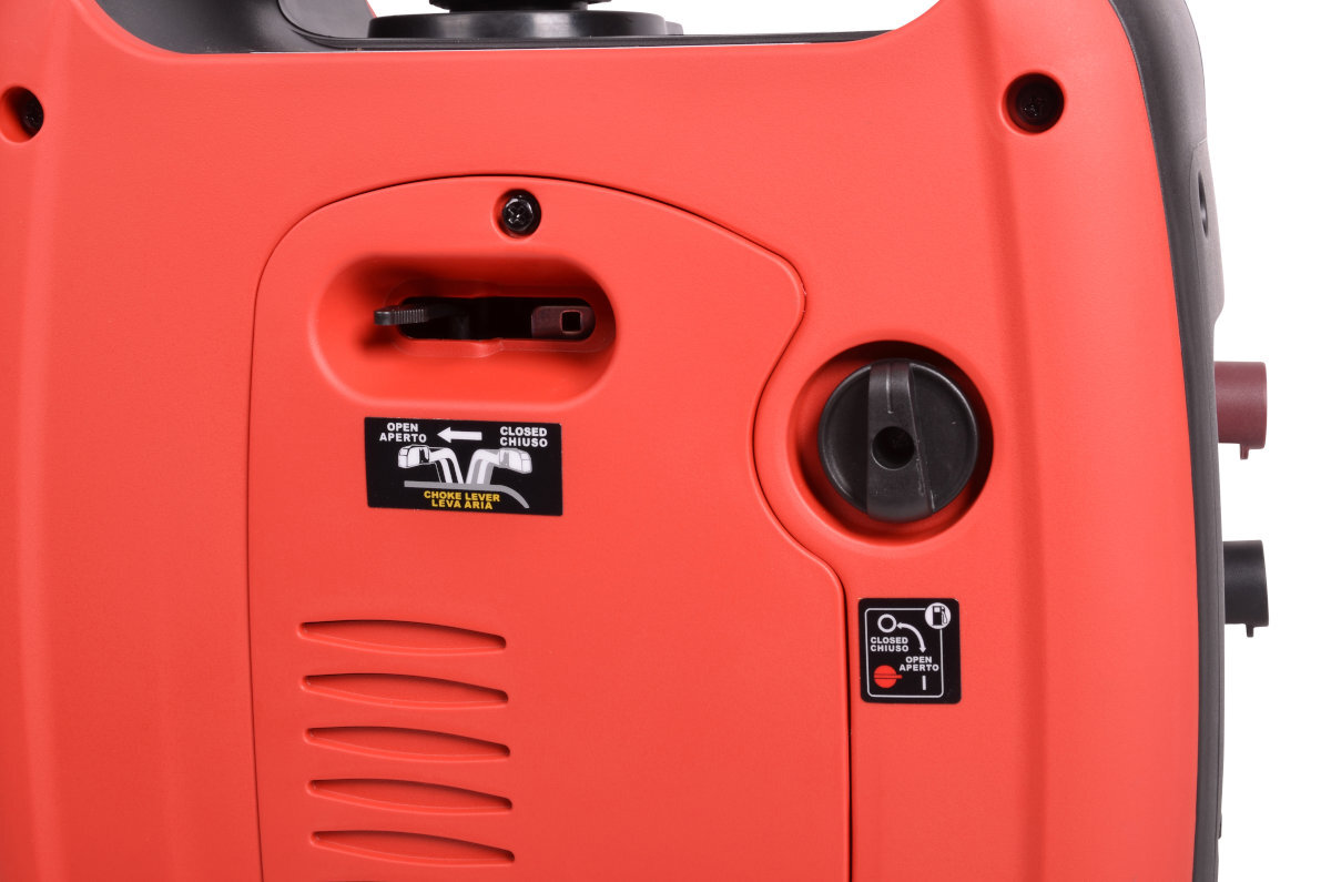 Czerwony panel urządzenia z widocznym przełącznikiem i pokrętłem. Na panelu znajdują się naklejki z napisami: \'OPEN APERTO CLOSED CHIUSO\' oraz \'CLOSE CHIUSO APERTO OPEN\'.