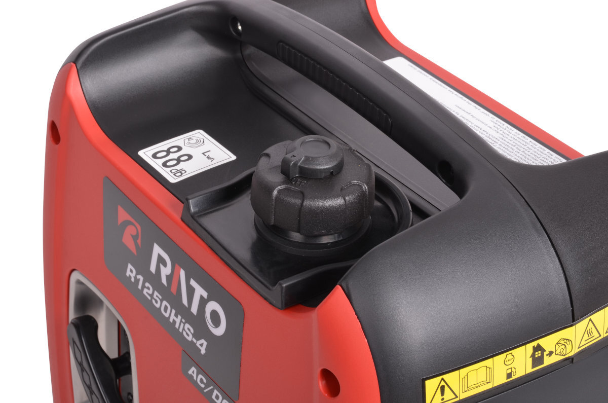 Czerwony agregat prądotwórczy z widocznym logo \'RATO R1250HIS-4\' oraz oznaczeniem poziomu hałasu \'88 dB\'. Na urządzeniu znajdują się również piktogramy ostrzegawcze i instrukcyjne.