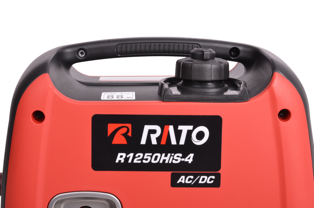 Czerwony agregat prądotwórczy z czarnym uchwytem i pokrętłem. Widoczne logo \'RATO\' oraz oznaczenie modelu \'R1250HIS-4 AC/DC\'.