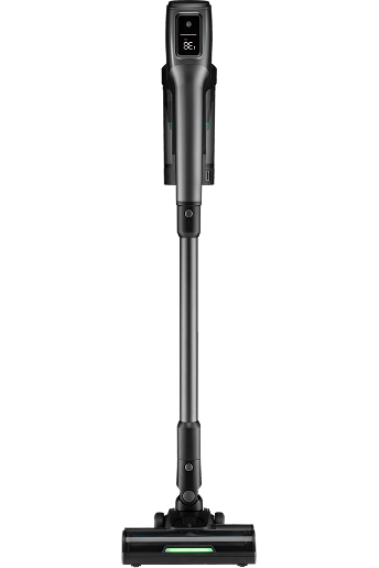 Na obrazie widoczny jest czarny odkurzacz pionowy z wyświetlaczem na górze. Odkurzacz ma długą rurę i szeroką szczotkę na dole.