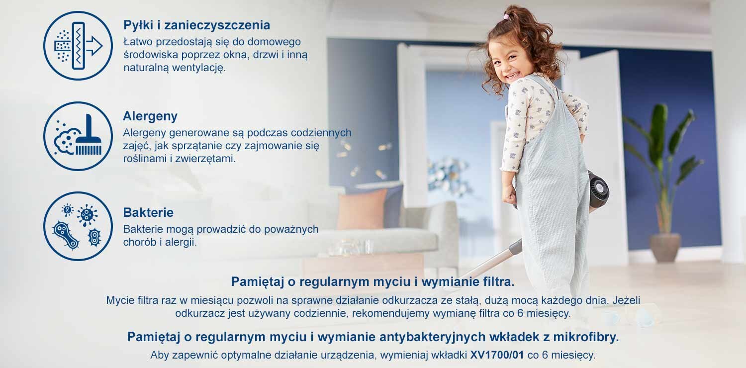 Obraz przedstawia dziecko trzymające odkurzacz w jasnym pomieszczeniu. Po lewej stronie znajdują się ikony i teksty dotyczące pyłków, alergenów i bakterii oraz przypomnienia o regularnym myciu i wymianie filtra.